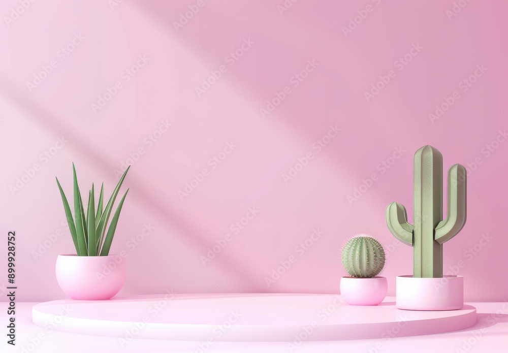 Wall mural minimal style 3d rendering illustration of pink backdrop with geometric cube, cactus, and podium for