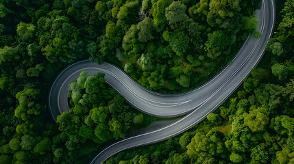 Aerial perspective of a meandering road amidst a lush green forest.