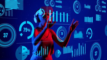 Woman wearing VR looking through metaverse financial business data graph dynamic report innovation blue background upload global interface digital infographic network technology visual. Hallucination.