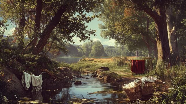 Peaceful riverside setting with clothes drying on lines, surrounded by lush greenery and a calm river. The scene captures a nostalgic and tranquil rural life moment.