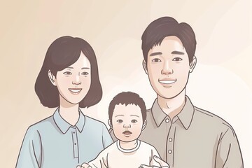 Obraz premium Family portrait illustration with parents and baby in a modern style showcasing love care and unity