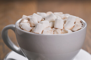 cup of cocoa drink with marshmallow on oak wood table