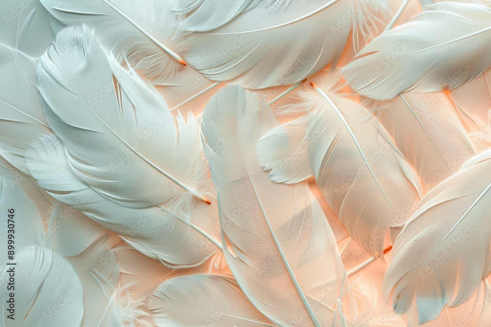 Poster Delicate Bird Feathers Arranged on Soft Color Background Creating Tranquil Aesthetic for Nature Lovers