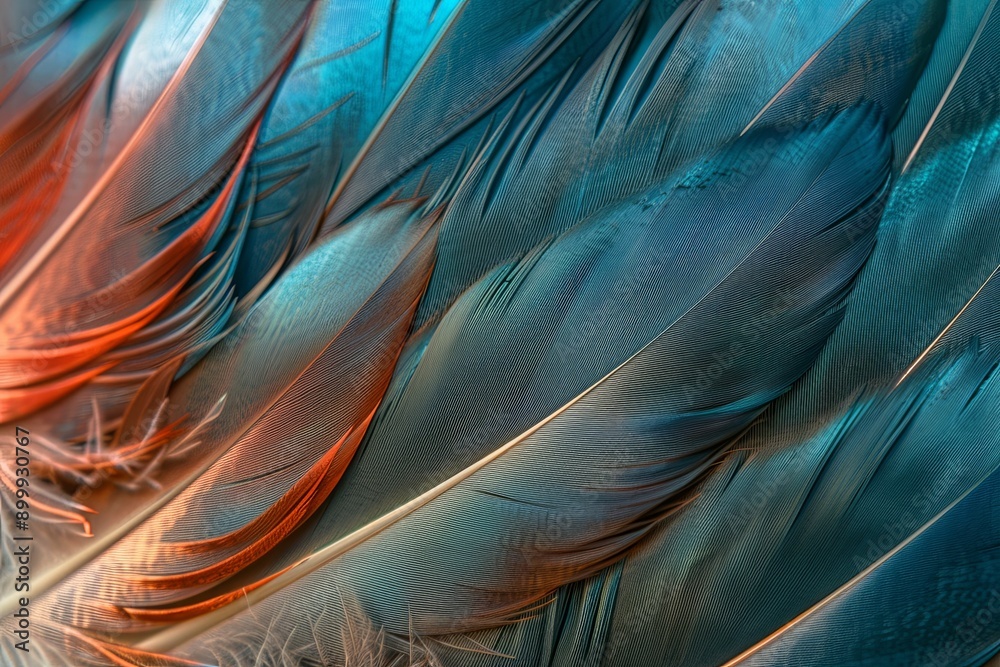 Poster Captivating Close-Up of Vibrant Bird Feathers Displaying Intricate Patterns Against a Soft Color Background