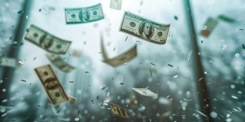 Multiple dollar bills and coins are captured in mid-air against a blurred blue background, symbolizing wealth, financial success, and economic movement in a vibrant visual.