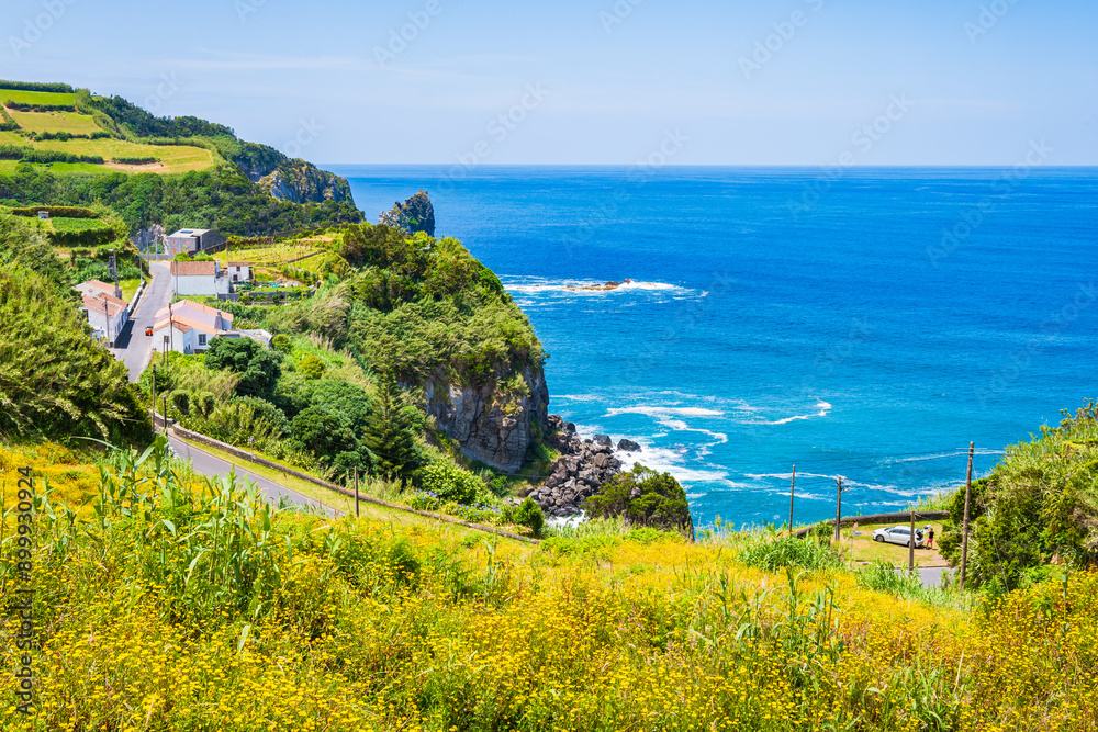 Wall mural view of moinhos village and green ocean coast with flowers, sao miguel island, azores, portugal