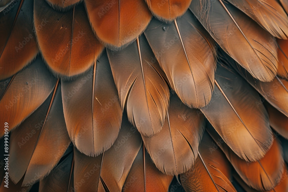 Poster beautiful detailed bird feathers displaying earth tones against soft background in isolated setting
