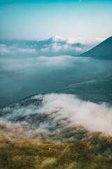 Early morning with fog in the Balkan mountains, vertical image