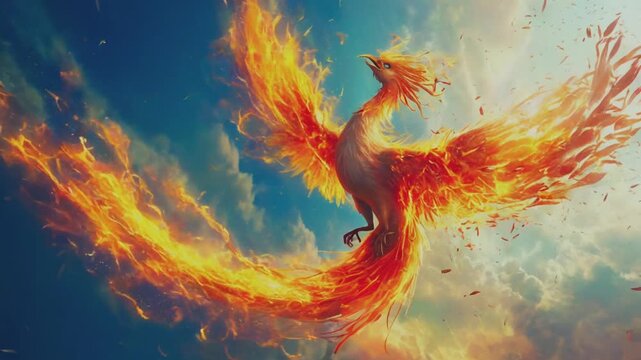 awe-inspiring rebirth of the mythical phoenix, engulfed in vibrant flames as it soars majestically through the sky, symbolizing renewal and the eternal cycle of life.