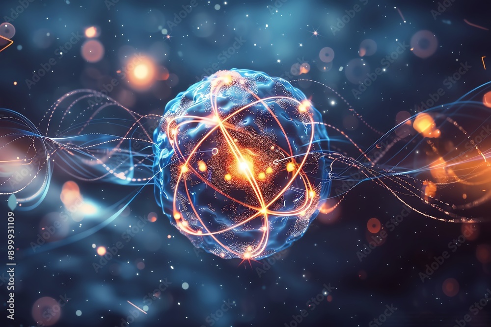Aufkleber Abstract image of an atom with glowing particles and complex structure, representing science, technology, and quantum physics.