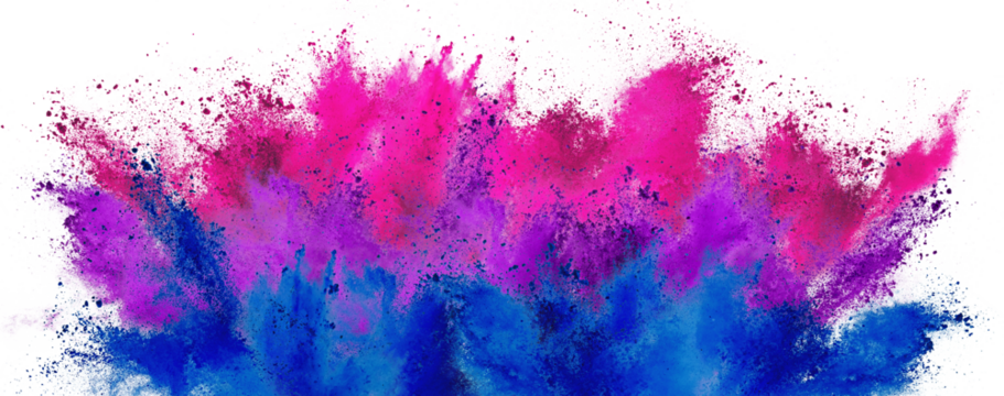 colorful bisexual bi flag in pink purple blue color holi paint powder explosion isolated white background. LGBT and bisexuality pride symbol concept.