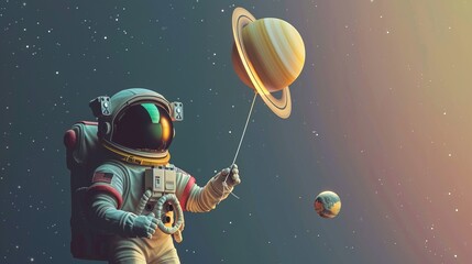 Naklejka premium Astronaut Floating in Space Holding Balloons made of planet
