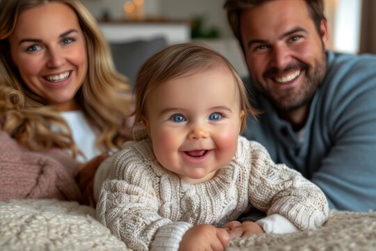 Cheerful family portrait with smiling baby cozy indoor setting warm lighting and casual attire highlighting happiness and togetherness in a modern home