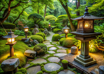 Serenene Japanese zen garden retreat featuring meditation lanterns surrounded by lush greenery, moss, and stone ornaments, evoking peace and tranquility in a natural setting.