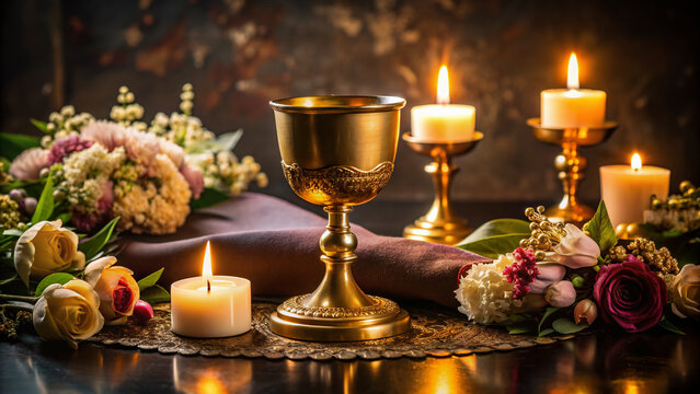 Golden chalice and ornate paten surrounded by candles, flowers, and velvet cloth, serene and intimate setting for sacred ritual and spiritual contemplation.