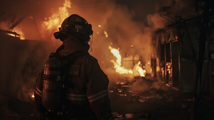 Fire fighting. A firefighter among the flames