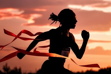 Silhouette of Runner Winning Race at Sunset - Victory and Triumph Concept