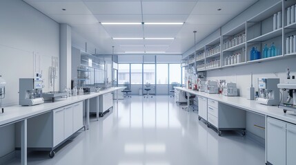 A spacious high-tech laboratory featuring state-of-the-art equipment and ample workspace. The bright, modern environment is ideal for advanced scientific research.