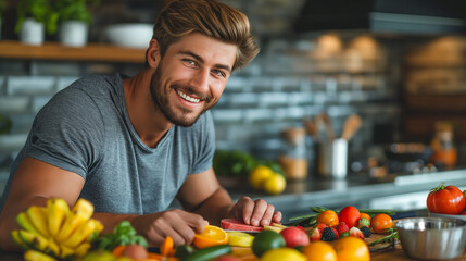 A telephoto angle photo of a handsome, athletic man smiling as he slices fresh fruits and vegetables on a kitchen counter, preparing to make a smoothie, with copy space