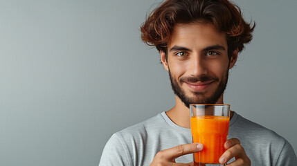 Fototapeta premium A telephoto angle photo of a handsome man holding up a glass of smoothie to the camera, proud of his healthy creation, with copy space