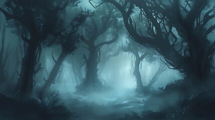 Fototapeta premium Create an ethereal forest scene with fog, where tree silhouettes emerge mysteriously.