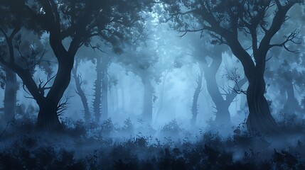 Create an ethereal forest scene with fog, where tree silhouettes emerge mysteriously.