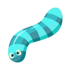 Cute illustration of a striped, blue worm in flat vector style isolated on a white background. Worm in cartoon style with eyes, Halloween elements for decor