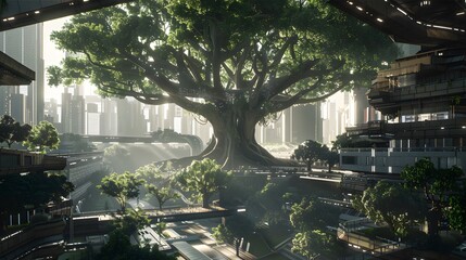 Obraz premium A stunning cityscape featuring a massive tree amidst tall buildings bathed in morning light