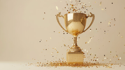 A glittery gold trophy with confetti falling around it, capturing a celebratory moment and symbolizing success and festivity.