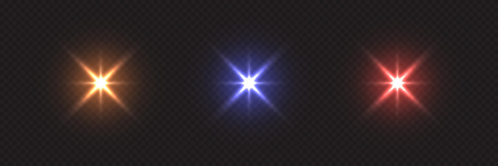 Shine light with flash effect set. Different color glow stars glared on black background. Bright sparkling vector illustration. Flash of light with ray beams in space. Abstract sunshine sparkle glare.
