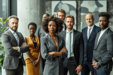 Diverse group of professionals posing confidently in modern office space during daylight hours