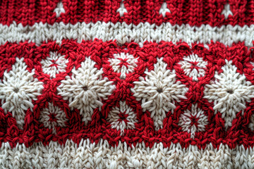 Knitted sweater pattern, red and white colors, top view