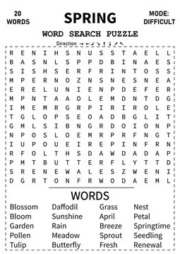 Challenging Spring Word Search Puzzle for Kids, Teens, and Adults 15x15 Grid Fun and Engaging Activity for All Ages to Enjoy Spring Themes and Vocabulary