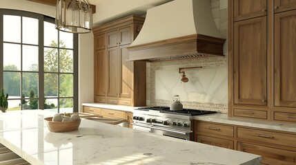 Kitchen with a statement hood vent 