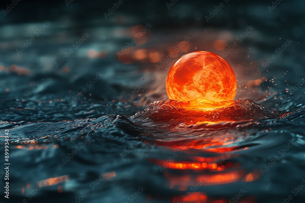 Poster A glowing red sphere emits vibrant light, floating on a dark, wavy surface, creating a captivating contrast between fire and water.