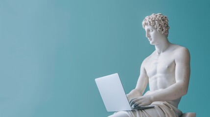 Fototapeta premium Antique male statue using laptop computer sitting over blue studio background with copy space, internet technology and freelance work