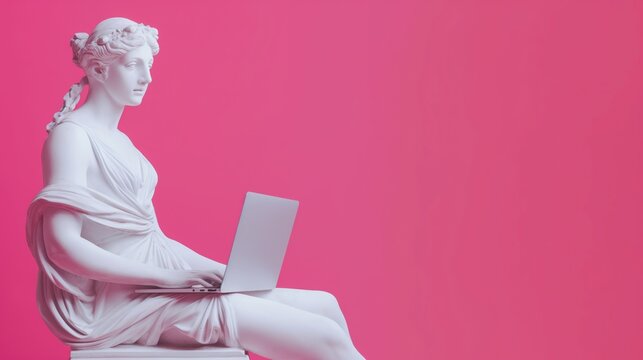Antique female statue using laptop shopping and reading online news on bright pink studio background, with empty space