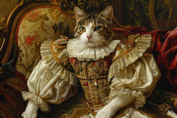 Fototapeta premium A regal cat dressed in an ornate historical costume, sitting elegantly on a richly patterned chair, exuding a sense of luxury and aristocracy