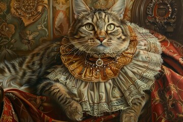 A majestic cat dressed in an ornate ruff, lounging elegantly against a richly patterned backdrop, showcasing a blend of opulence and feline charm