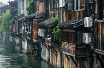 Old wooden buildings along the river