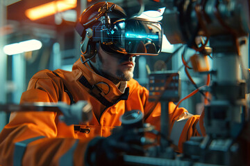 VR Engineer Working in Futuristic Facility.