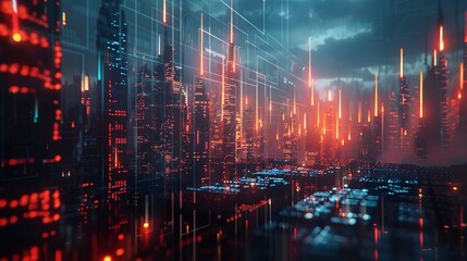 Fototapeta premium Abstract futuristic technology abstract background with lines for network, big data, data center, server, internet, speed. dark blue and red neon lights into digital technology tunnel, generative ai.