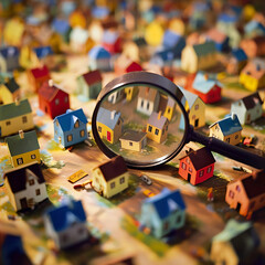 Magnifying Glass Over Miniature Houses.