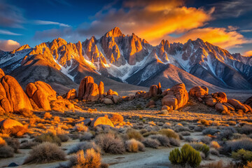 Obraz premium Golden sunrise casts warm light on Alabama Hills National Scenic Area's rugged terrain, illuminating Sierra Nevada's majestic peaks and barren landscape in California.