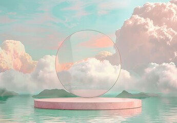 Abstract geometric podium with pink pastel color and green water for product display mockup. 3D...