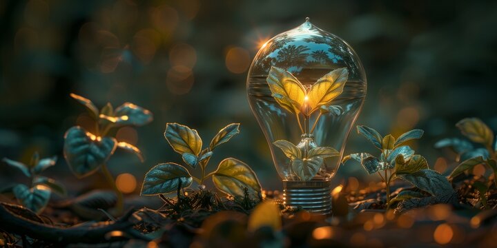 Exquisite display of green technology with a glowing plant encased in a lightbulb set in a lush forest, symbolizing the harmony between innovation and nature, conveying a message of sustainability.