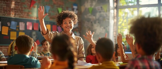 Photo realistic image of a new teacher reading a storybook to a group of young children sitting in a circle on a colorful rug