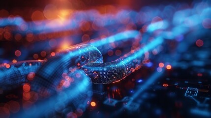 Close-up view of a chain link covered in sparkling droplets, with a bokeh light effect in the background.