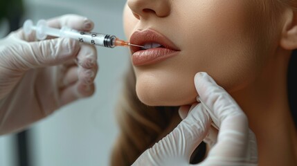 This image shows the detailed process of a woman undergoing a cosmetic lip injection procedure