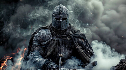 Fototapeta premium Dark crusader knight holding a sword in full medieval armor surrounded by the dark smoke and fire of battle, gothic fierce fantasy historical combat